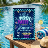 Custom Pool Party Birthday Invitation Template Pdf Swim Neon Pool