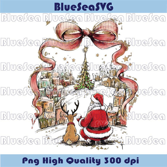 Coquette Christmas Town Santa and Reindeer Whimsical Festive Png