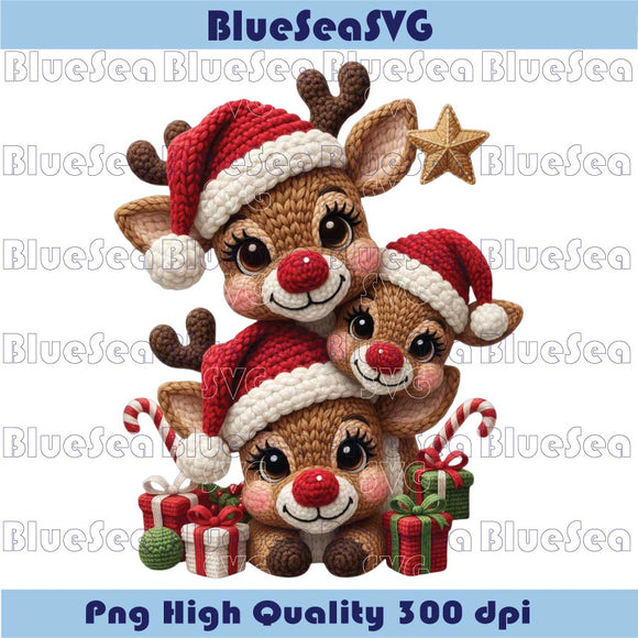 Faux Yarn Christmas Reindeer Realistic Knitting Santa Reindeers Png