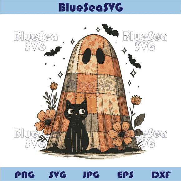 Patchwork Ghost and Cat Png Halloween Floral Spooky Black Cat Png