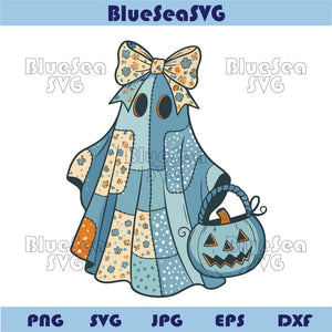 Patchwork Spooky Ghost Png Halloween Cute Blue Denim Ghost Png