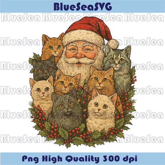 Retro Santa Claus Kittens Christmas Png Vintate 90s Cat Lover Png